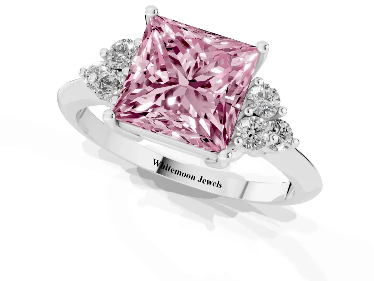 Fancy Pink Princess Cut Cut Diamond Cluster Ring with Solitaire Band and Four-Prong Setting Silver