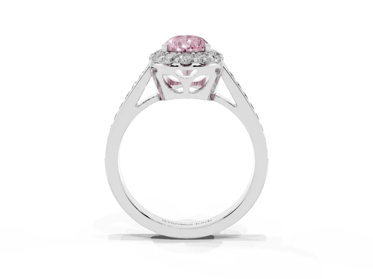 Fancy Pink Pear Cut Diamond Floral Halo Ring with Pavé Band and Prong Setting Platinum