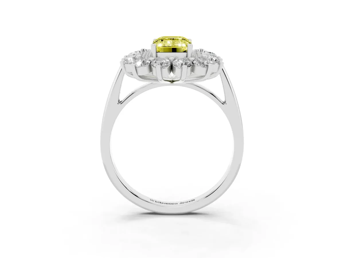Fancy Yellow Emerald Cut Diamond Floral Double Halo Engagement Ring with Prong Setting Silver
