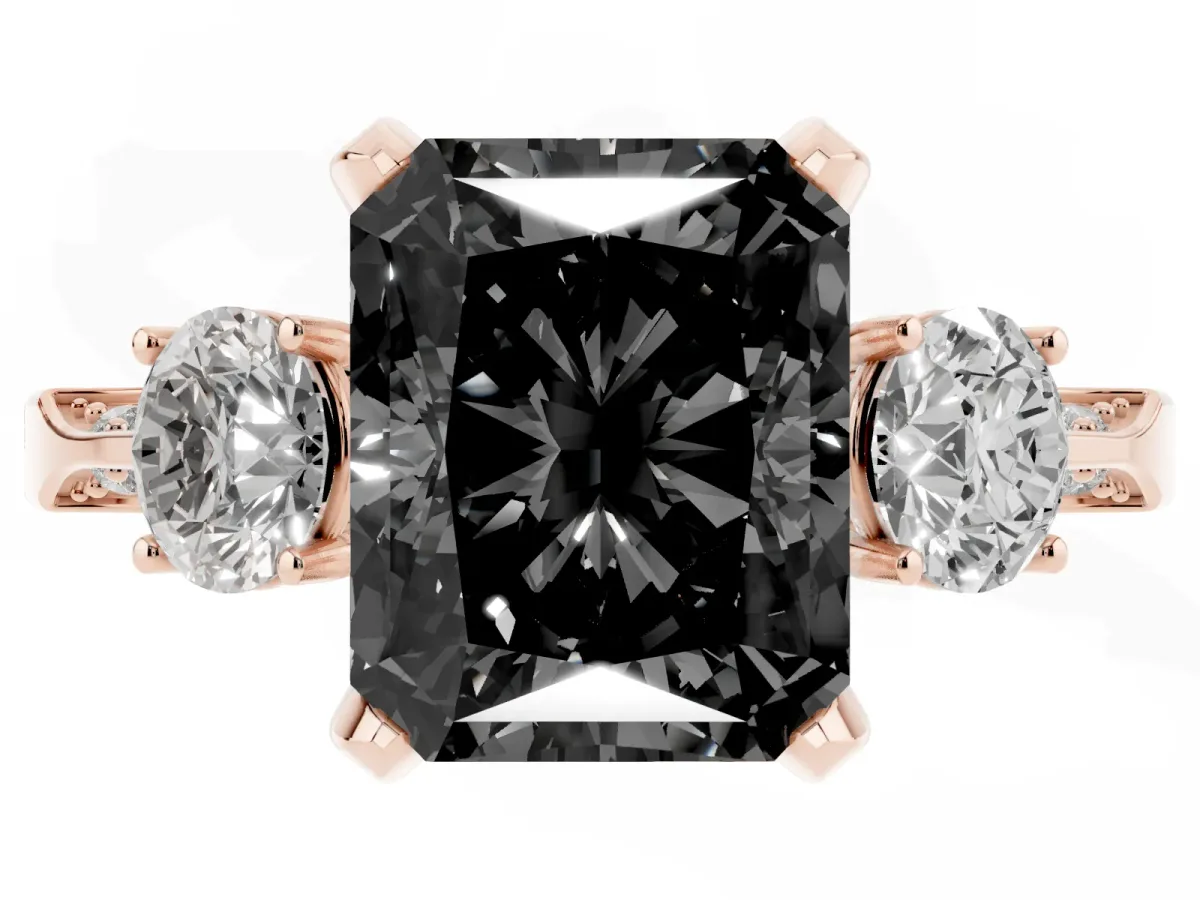 Fancy Black Radiant Cut Brilliant Three-Stone Diamond Ring with Pavé Band and Four-Prong Setting Rose gold