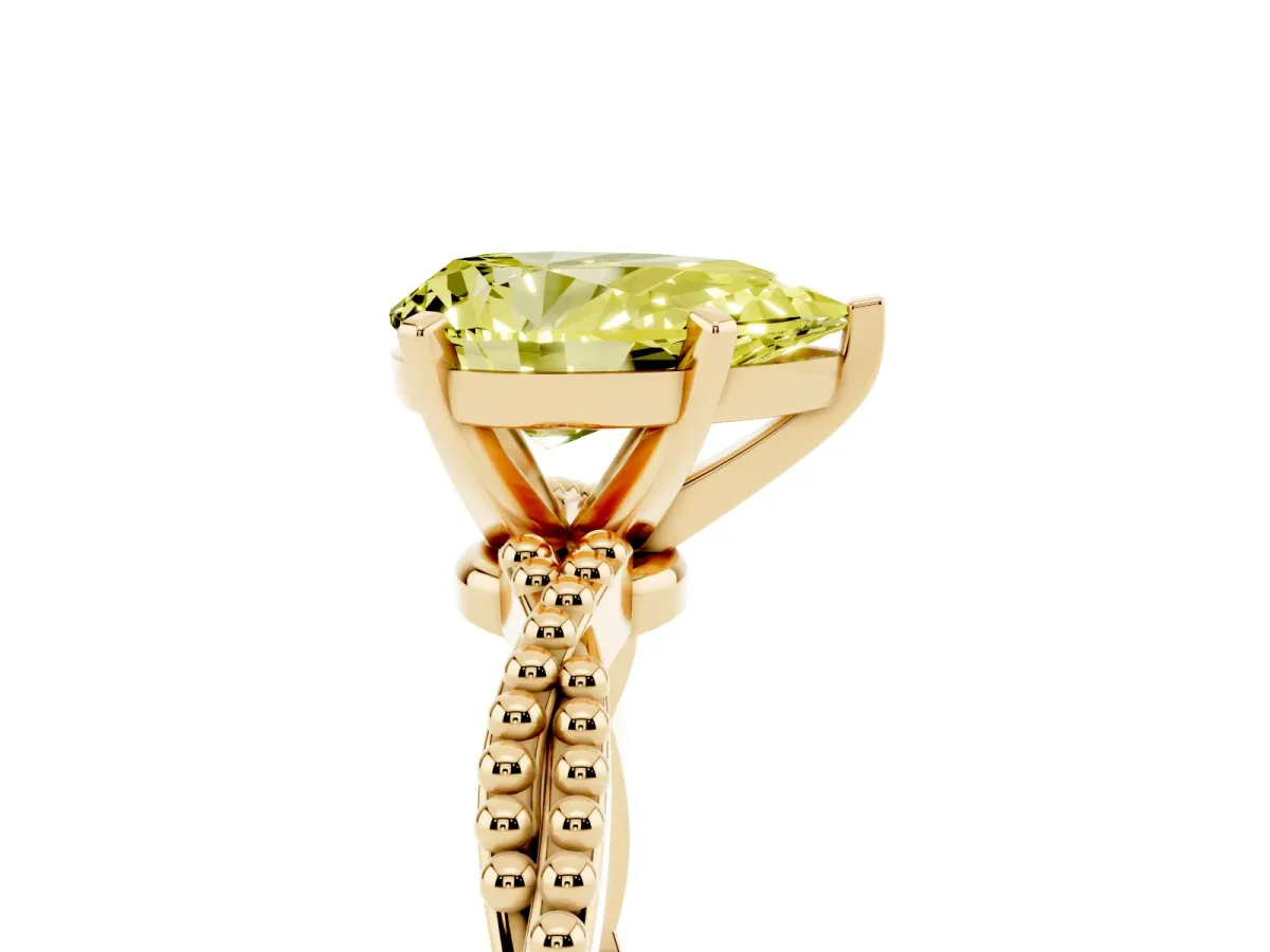 Fancy Yellow Pear Cut Solitaire Twisted Band with Bead Prong Setting Yellow gold