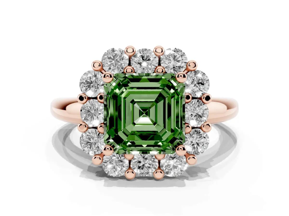 Fancy Green Asscher Cut Halo Cluster Diamond Engagement Ring with Prong Setting and Polished Band Rose gold