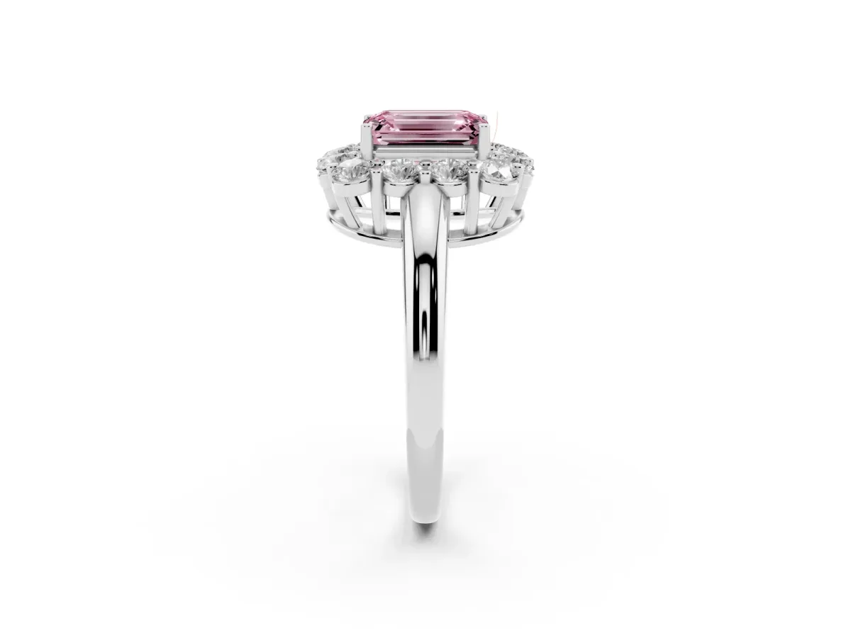 Fancy Pink Emerald Cut Halo Cluster Diamond Engagement Ring with Prong Setting and Polished Band Silver