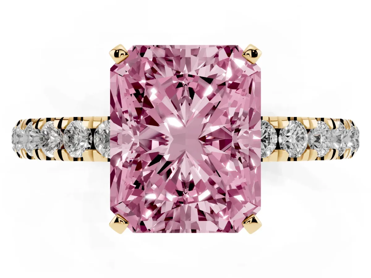 Fancy Pink Radiant Cut Diamond Solitaire Ring with Pavé Accents and Four-Prong Setting Yellow gold