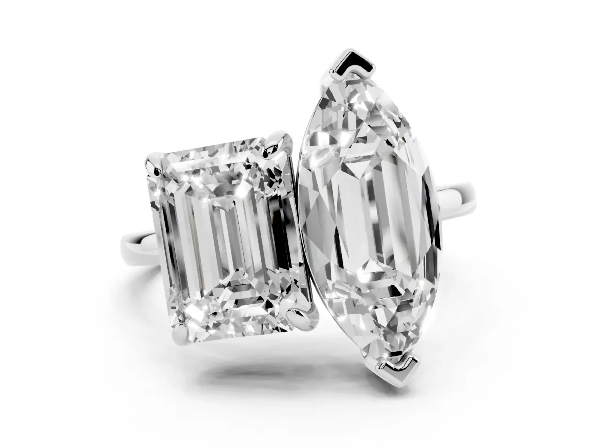 Emerald and Marquise Toi Moi Ring with Prong Setting and Plain Band Platinum