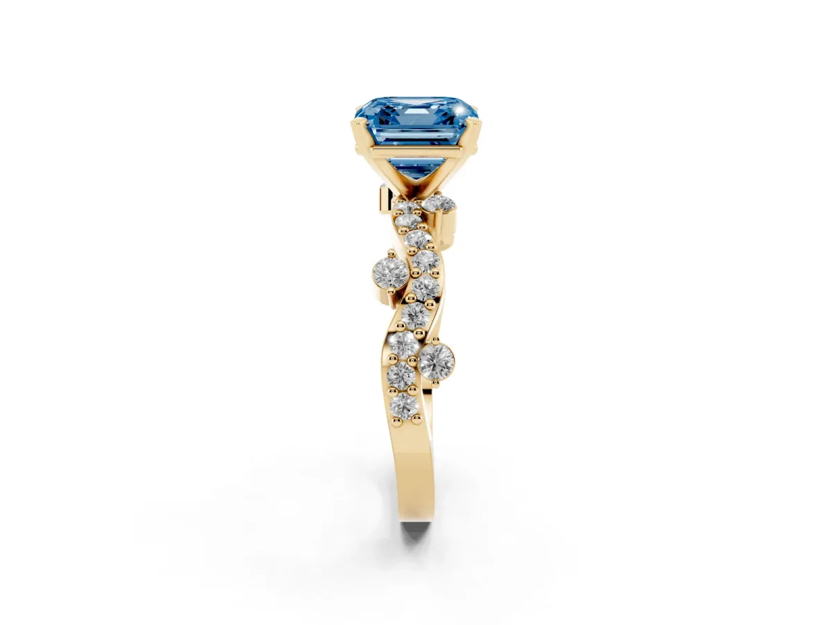 Fancy Blue Asscher Cut Cut Solitaire Diamond Twisted Band with Pave Setting Yellow gold