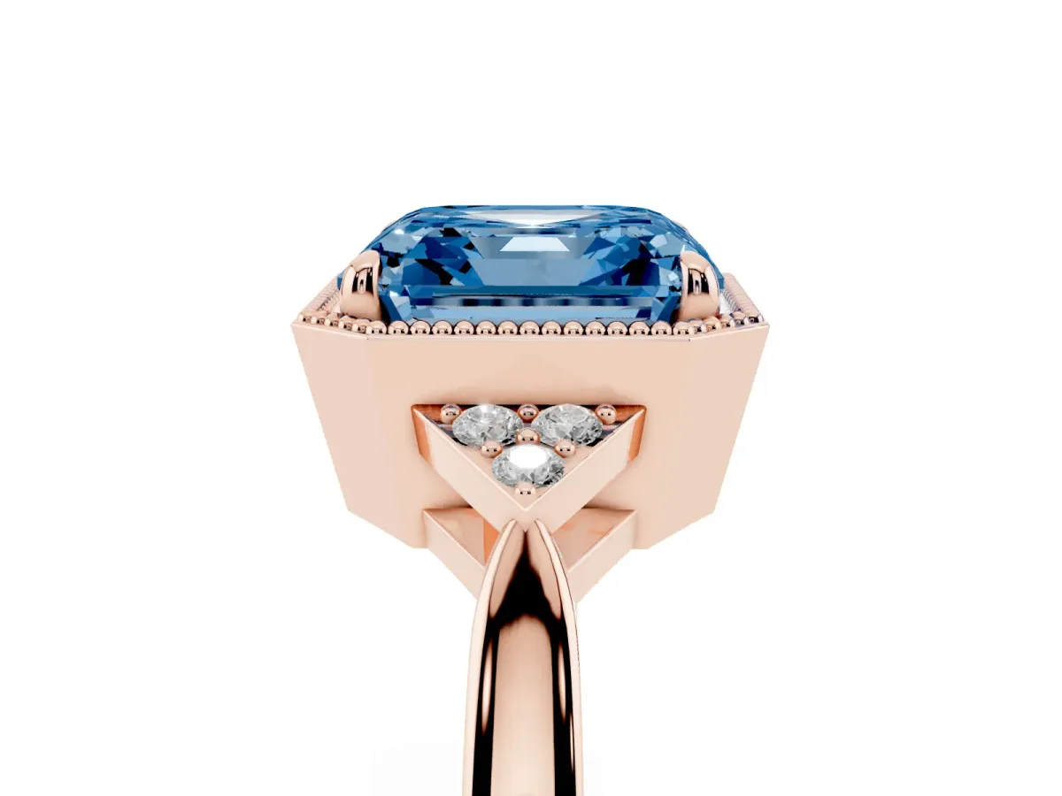 Fancy Blue Asscher Cut Diamond Halo Ring with Tapered Band and Four-Prong Setting Rose gold