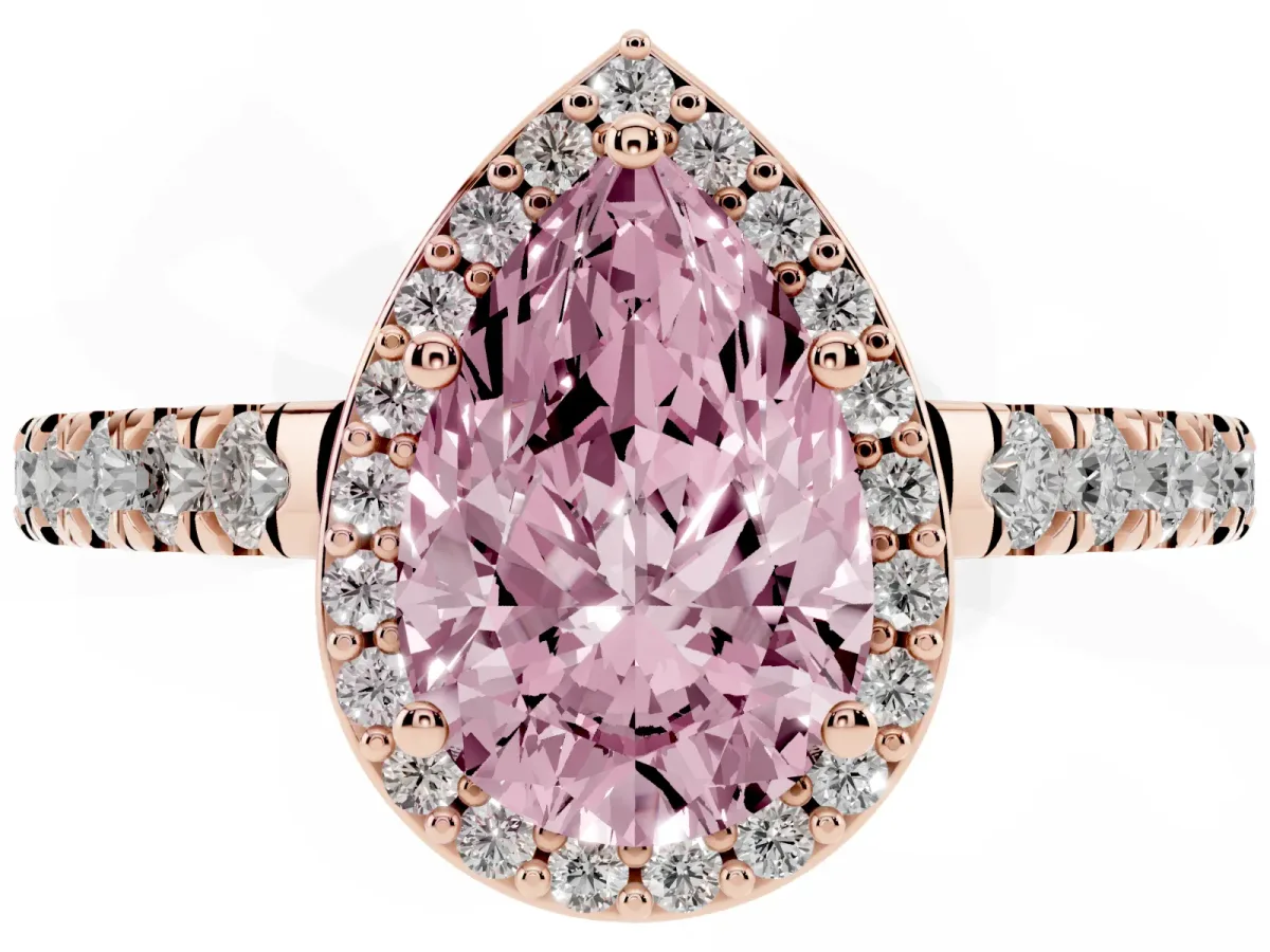 Fancy Pink Pear Cut Cut Halo Diamond Engagement Ring with Pave Band and Four-Prong Setting Rose gold