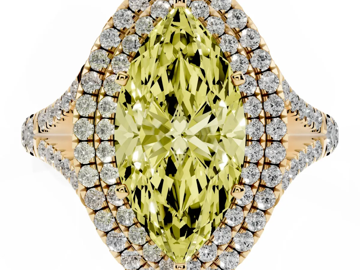 Fancy Yellow Marquise Cut Diamond Pavé Split Shank Double Halo Engagement Ring Yellow gold