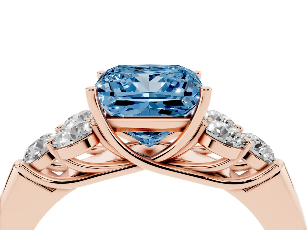 Fancy Blue Princess Cut Cut Diamond Cluster Ring with Round Accent Stones and Prong Setting on a Classic Band Rose gold