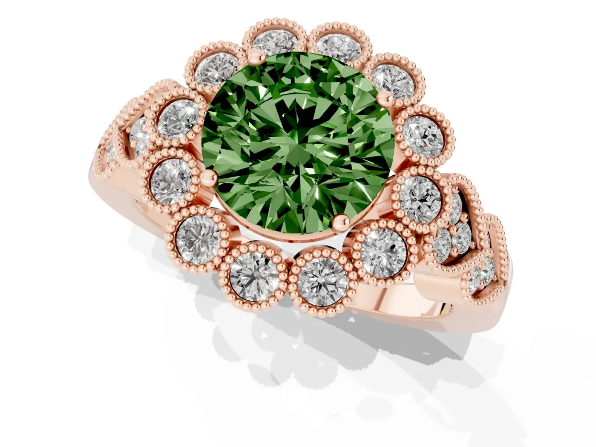 Fancy Green Round Cut Brilliant Milgrain Pave Heart Band Solitaire Ring Rose gold