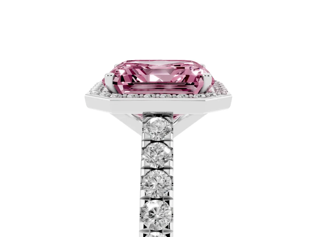 Fancy Pink Asscher Cut Cut Halo Diamond Engagement Ring with Pave Band and Four-Prong Setting White gold