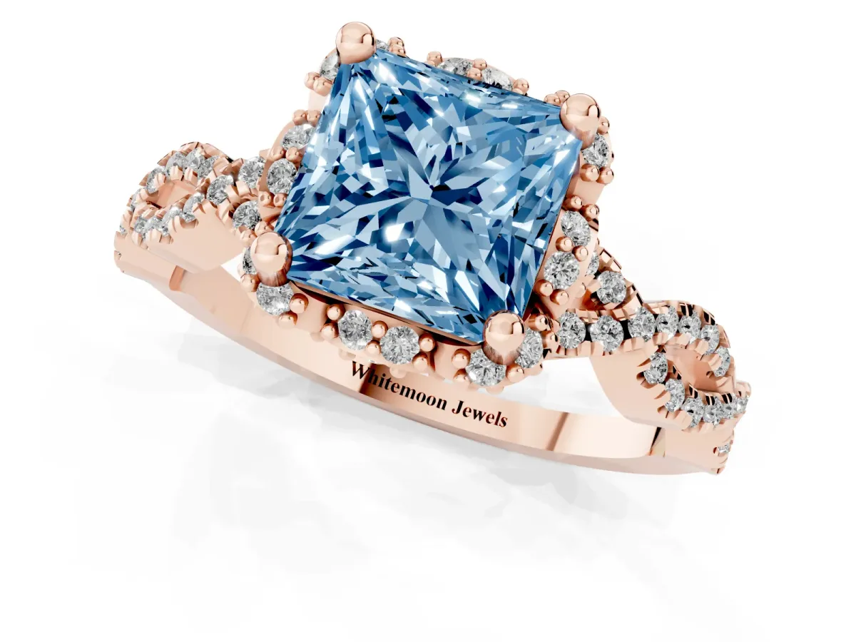 Fancy Blue Princess Cut Halo Twist Band Solitaire Ring with Six-Prong Setting Rose gold