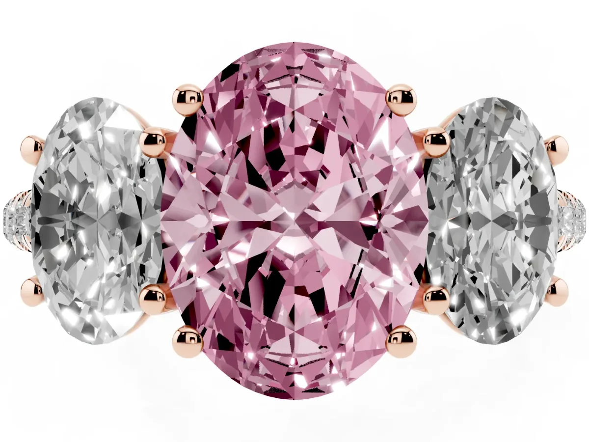 Fancy Pink Three-Stone Oval Cut Diamond Ring with Round Pavé Band and Prong Setting Rose gold