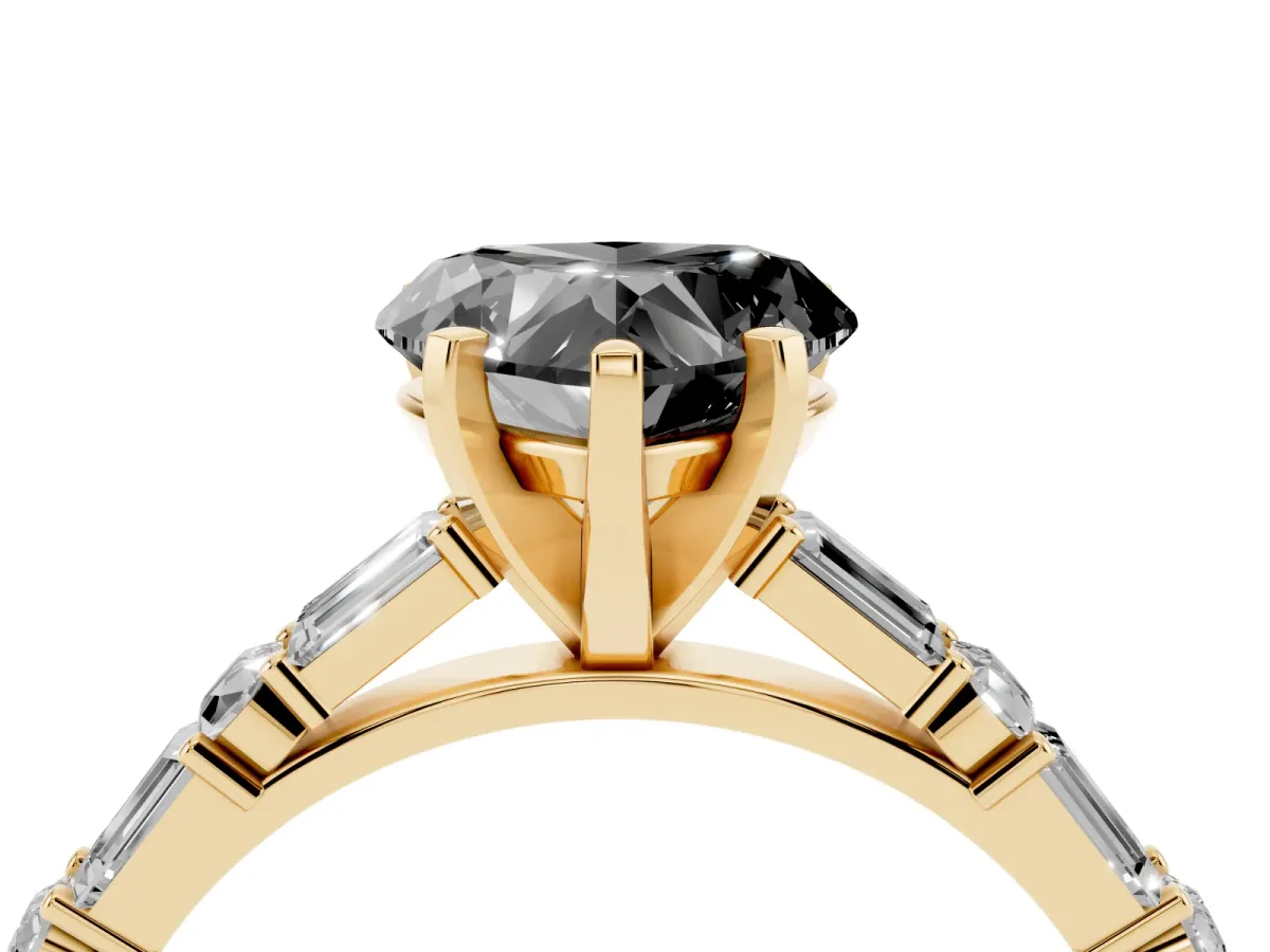 Fancy Black Heart Cut Diamond Solitaire with Side Baguettes and Channel Set Band Yellow gold