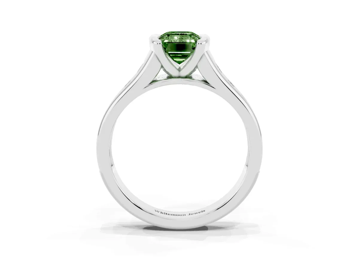 Fancy Green Emerald Cut Solitaire Bezel-Set Diamond Ring with Channel-Set Band Platinum