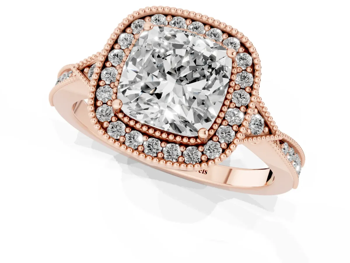 Cushion Cut Halo Round Diamond Milgrain Pave Engagement Ring Rose gold