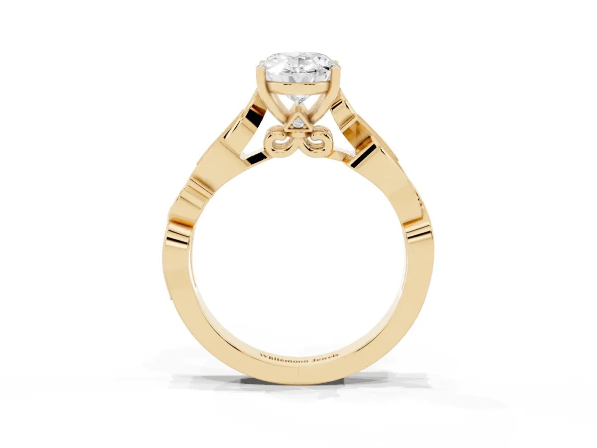 Oval Cut Solitaire Vine Band with Milgrain Prong Setting Yellow gold