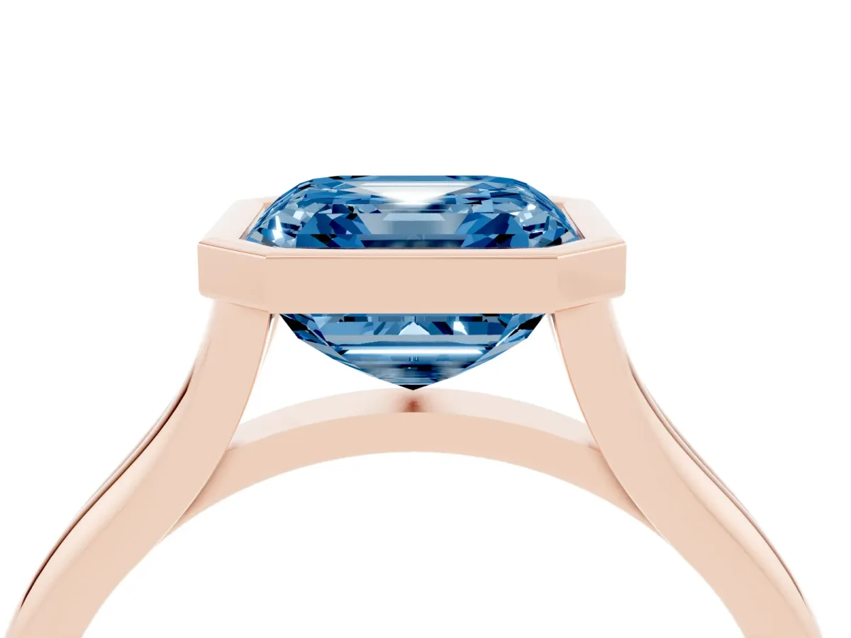 Fancy Blue Bezel Set Asscher Cut Cut Solitaire Ring with Tapered Band Rose gold
