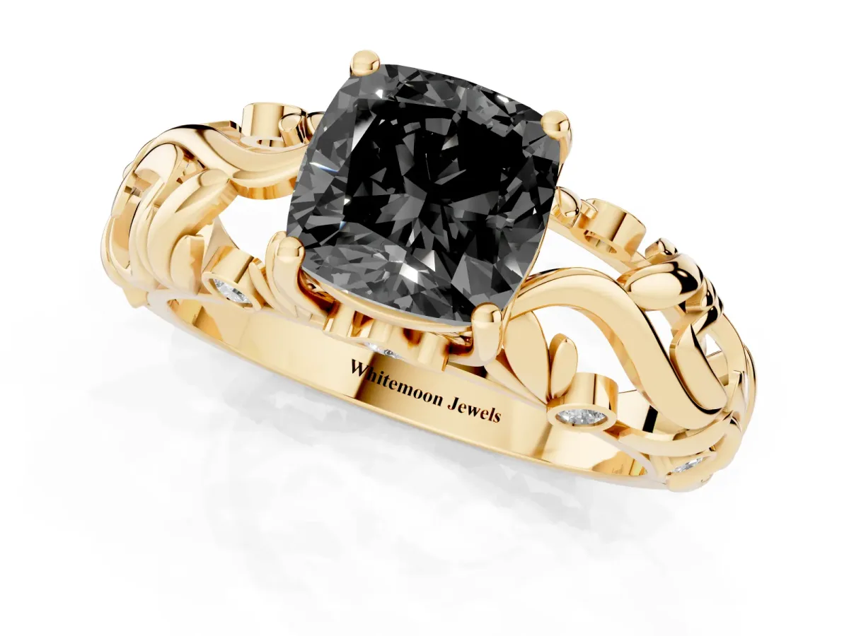 Fancy Black Cushion Cut Solitaire Diamond Leaf-Inspired Vine Band Ring with Prong Setting Yellow gold