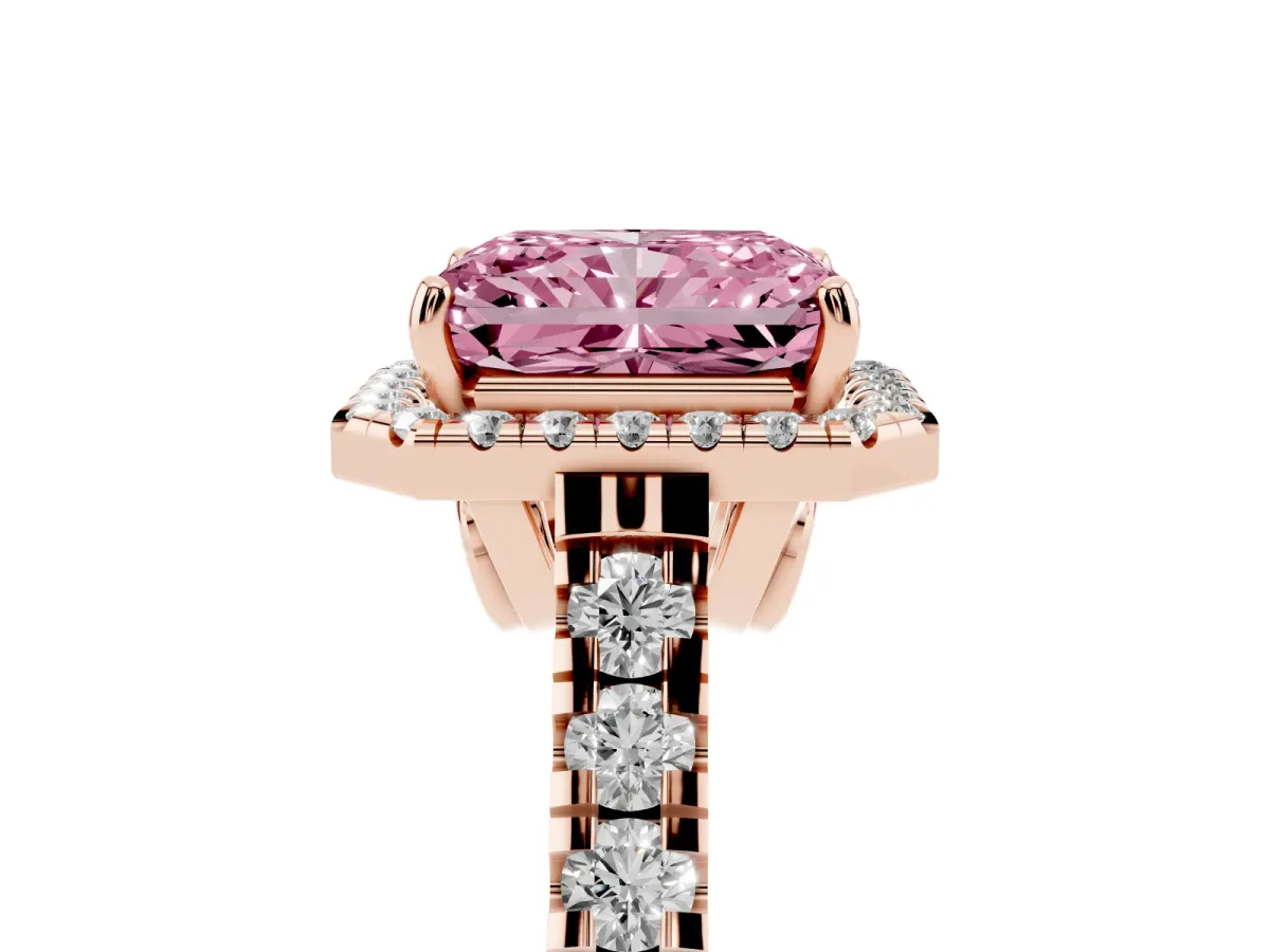 Fancy Pink Radiant Cut Halo Pavé Diamond Engagement Ring with Four-Prong Setting Rose gold