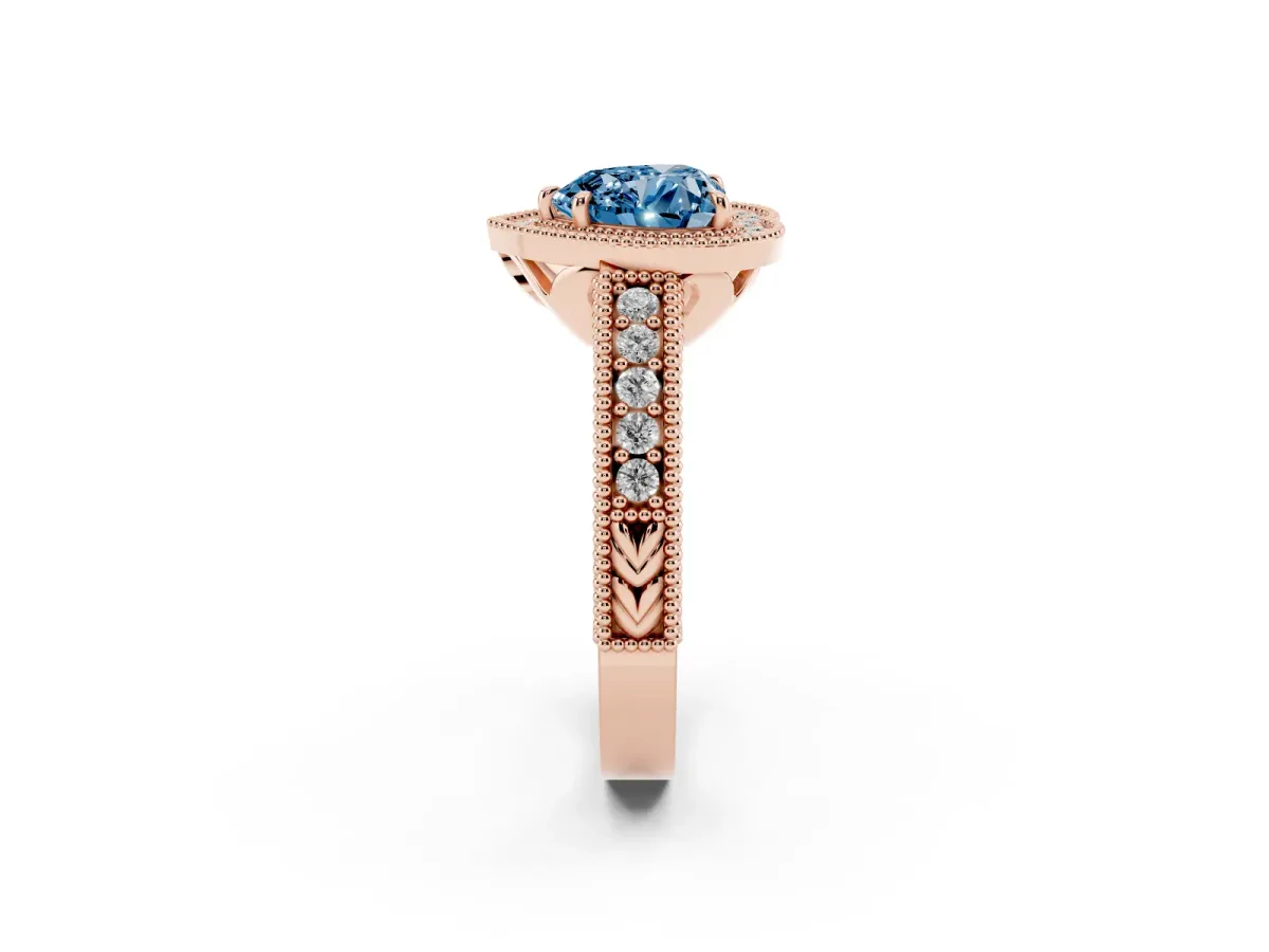 Fancy Blue Heart Cut Cut Halo Diamond Ring with Pavé Band and Four-Prong Setting Rose gold
