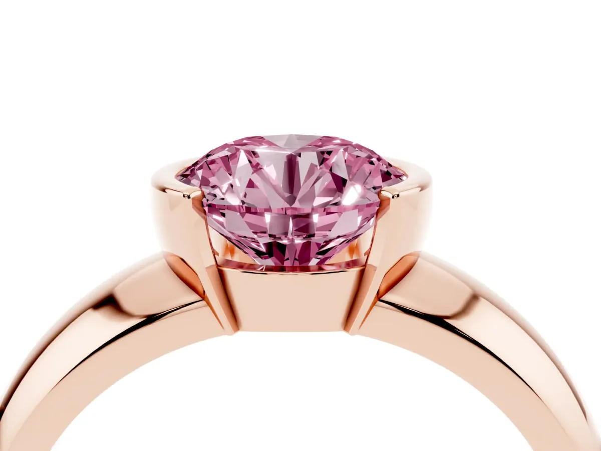Fancy Pink Round Cut Solitaire Tension Set Diamond Ring with Wide Band Rose gold
