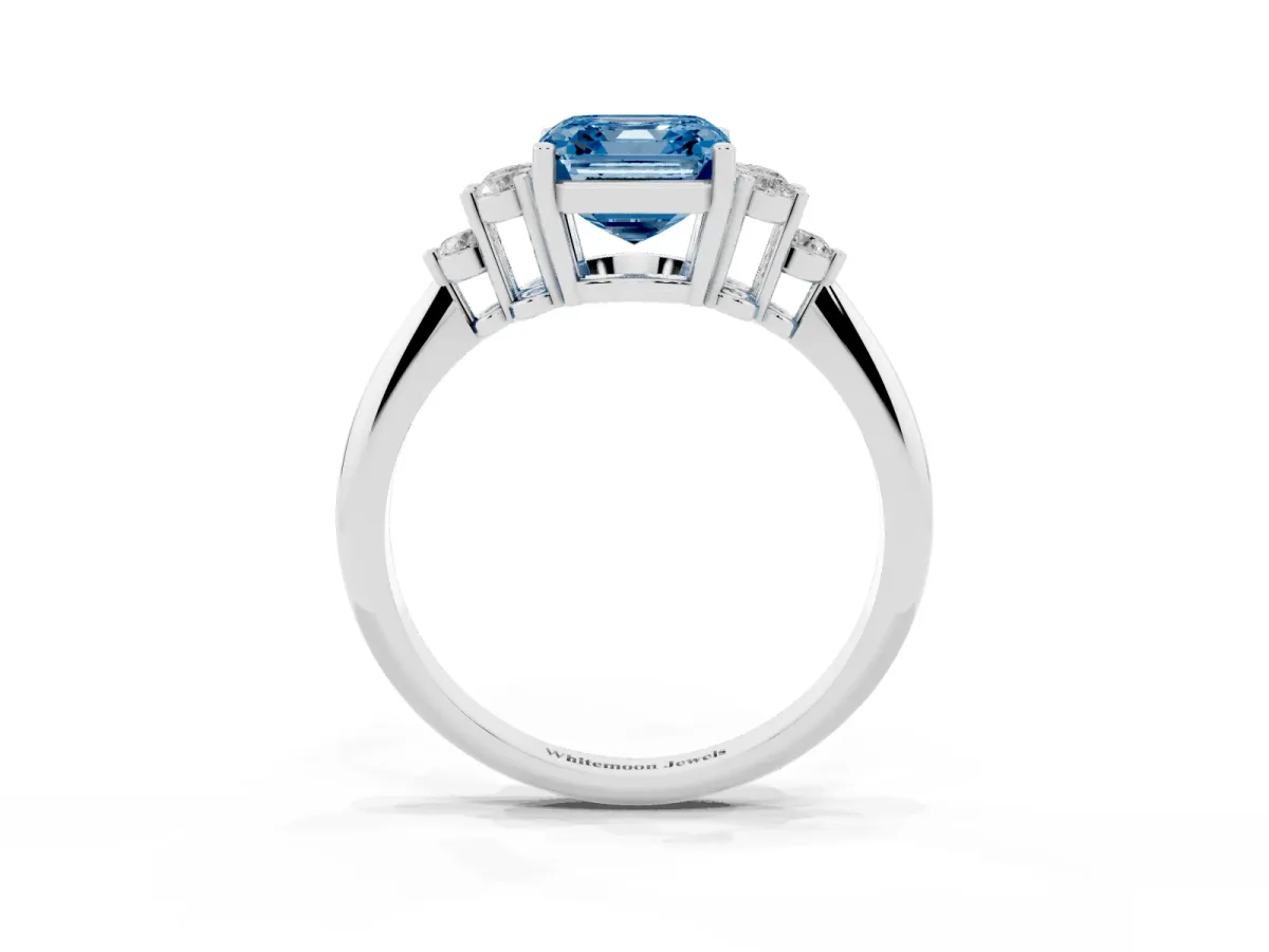 Fancy Blue Asscher Cut Cut Diamond Cluster Ring with Solitaire Band and Four-Prong Setting Silver