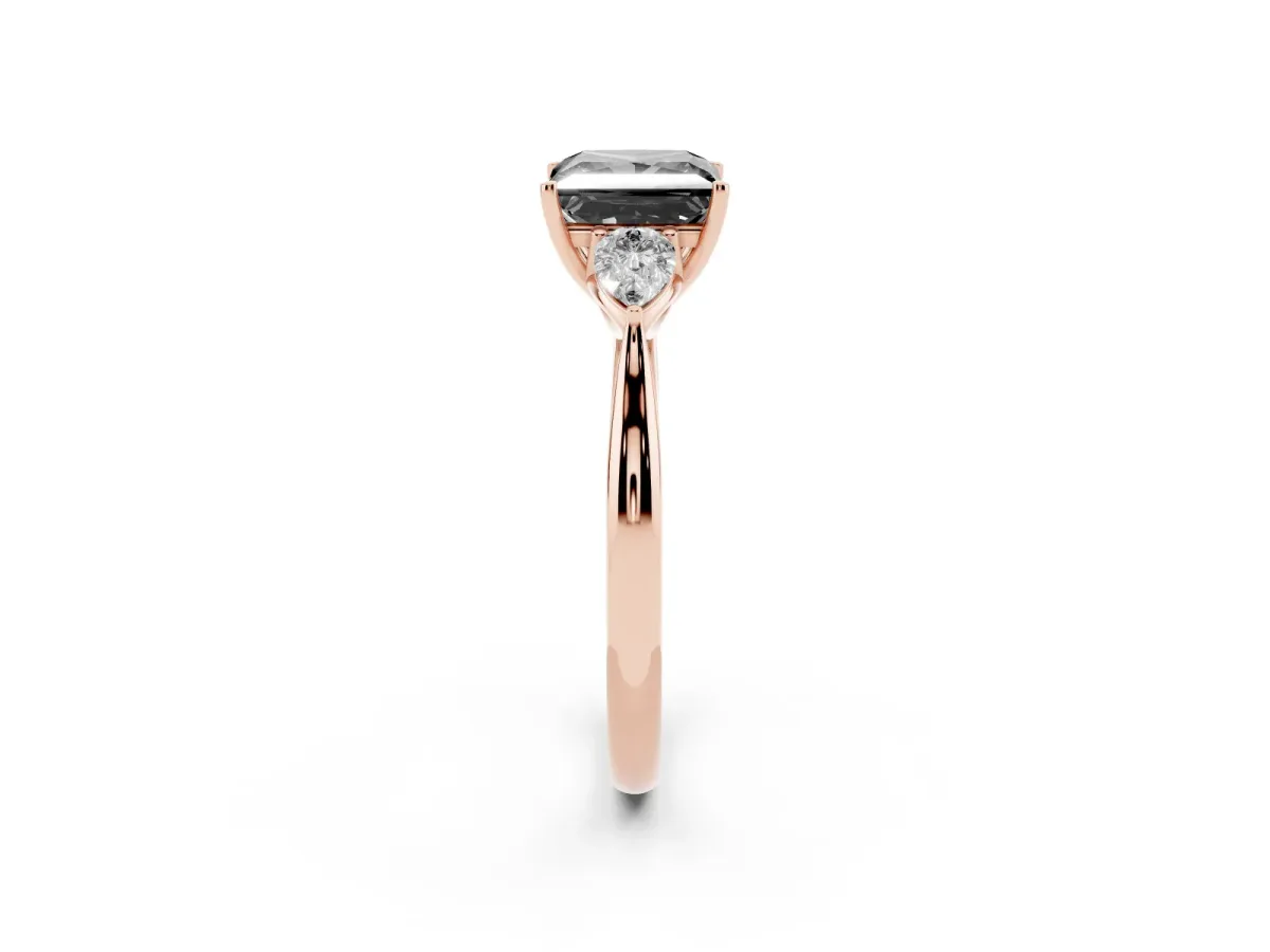 Fancy Black Princess Cut Diamond Three-Stone Ring with Pear Side Stones and Prong Setting Rose gold