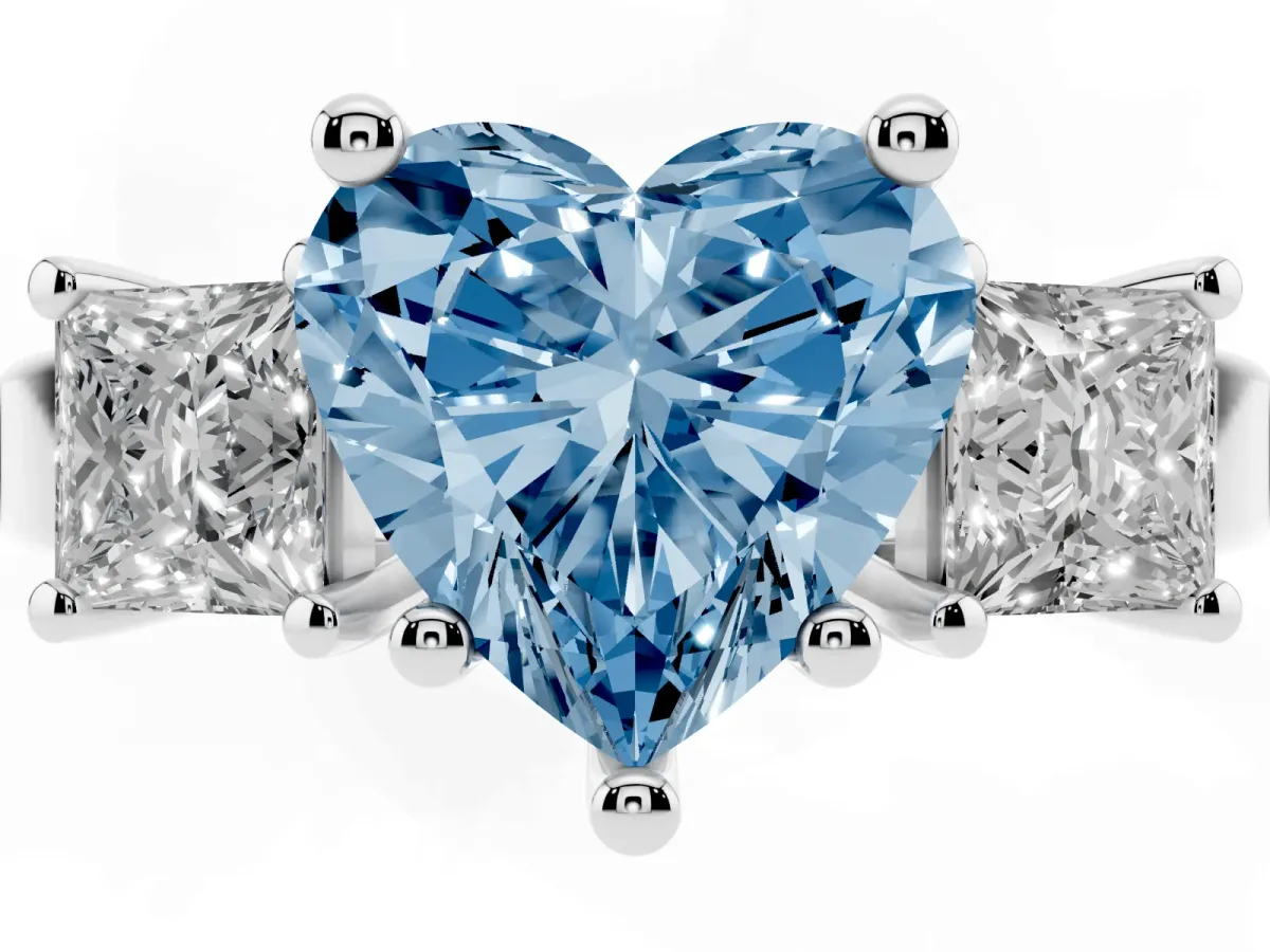 Fancy Blue Three-Stone Heart Cut Cut Solitaire Ring with Prong Setting Silver