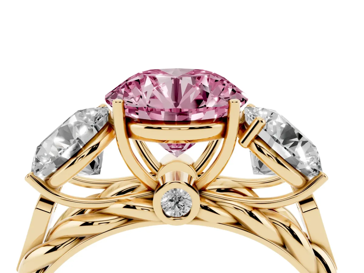 Fancy Pink Three-Stone Round Cut Diamond Braided Band Ring with Four-Prong Setting Yellow gold