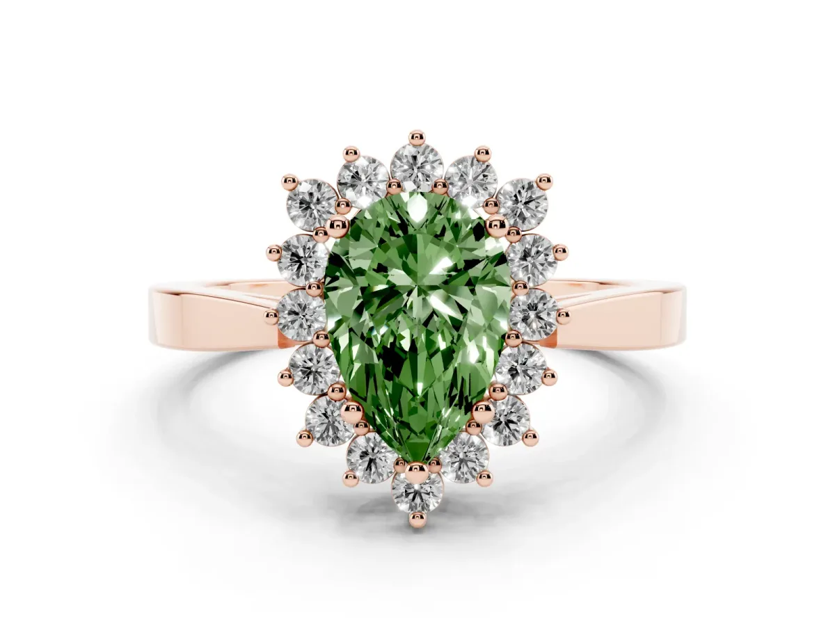 Fancy Green Pear Cut Cut Diamond Halo Ring with Round Brilliant Halo and Solitaire Band Rose gold