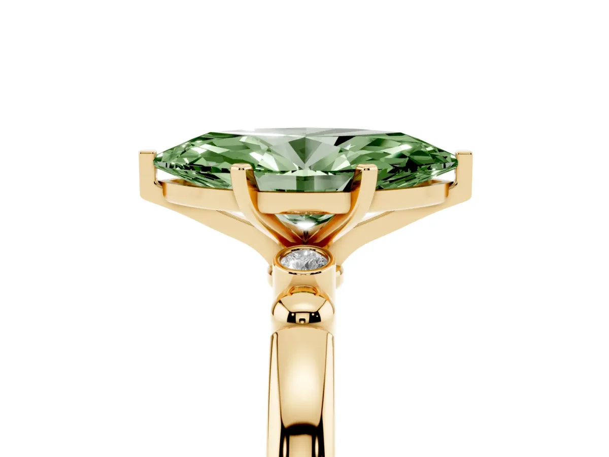 Fancy Green Marquise Cut Solitaire Beaded Band with Four-Prong Setting Yellow gold