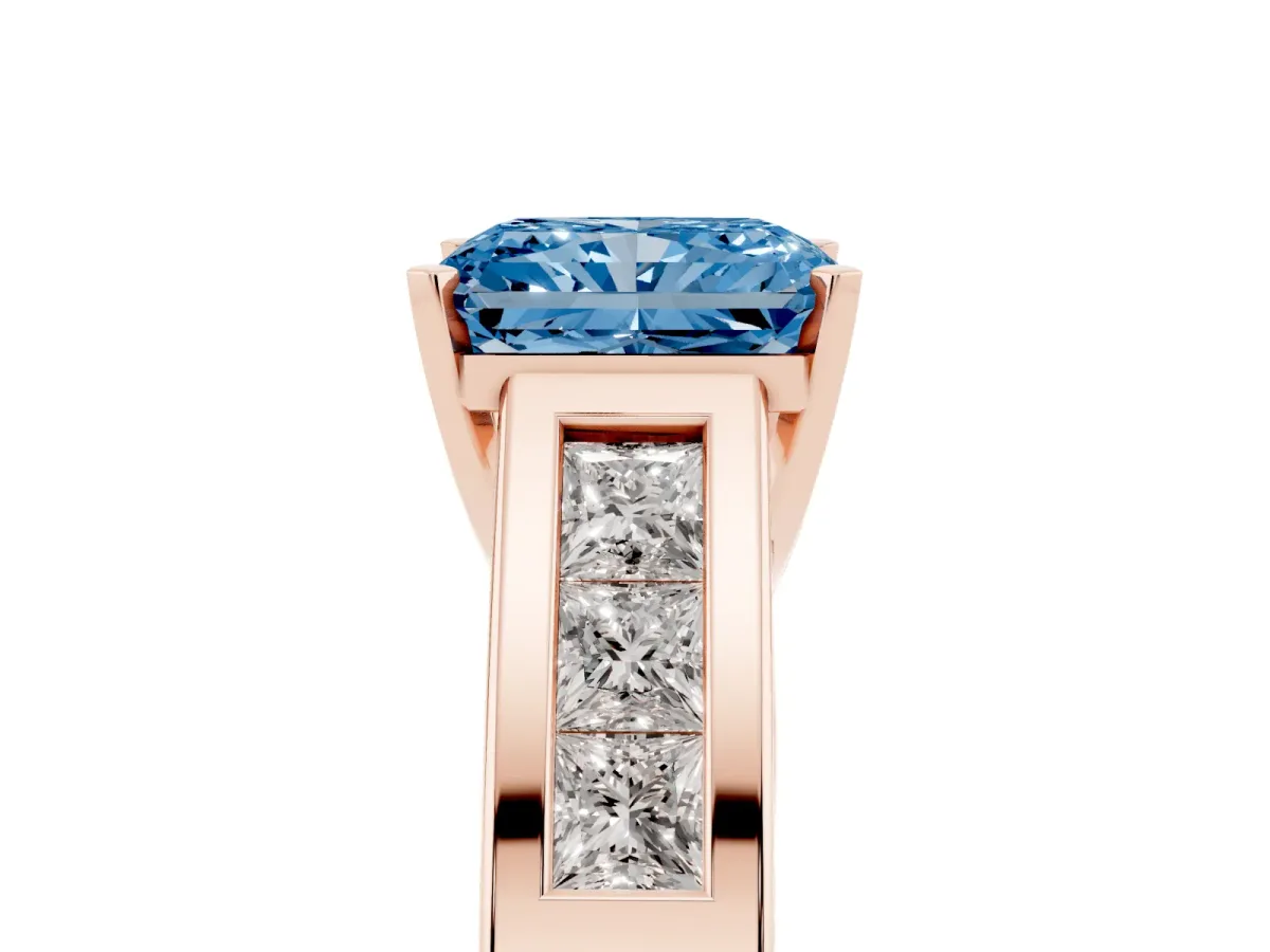 Fancy Blue Radiant Cut Cut Channel Set Solitaire Ring with Four-Prong Setting Rose gold