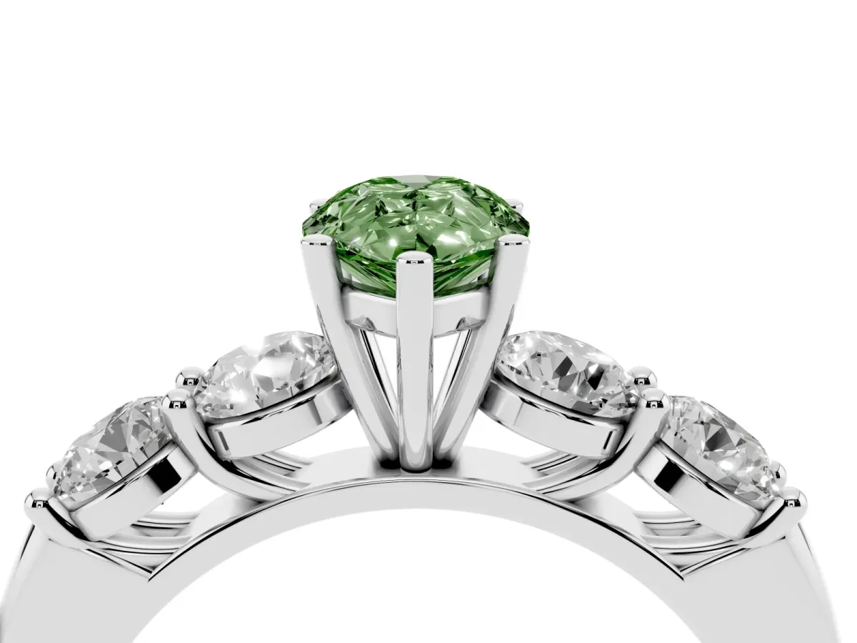Fancy Green Pear Cut Cut Five-Stone Prong Set Diamond Ring with Classic Band Silver
