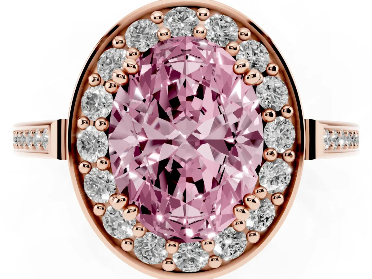 Fancy Pink Oval Cut Diamond Halo Ring with Split Shank and Four-Prong Setting Rose gold