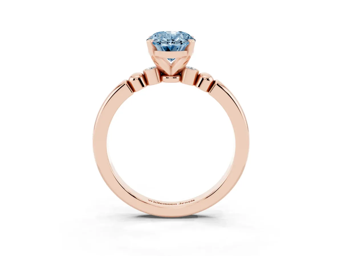 Fancy Blue Oval Cut Solitaire Beaded Band with Four-Prong Setting Rose gold
