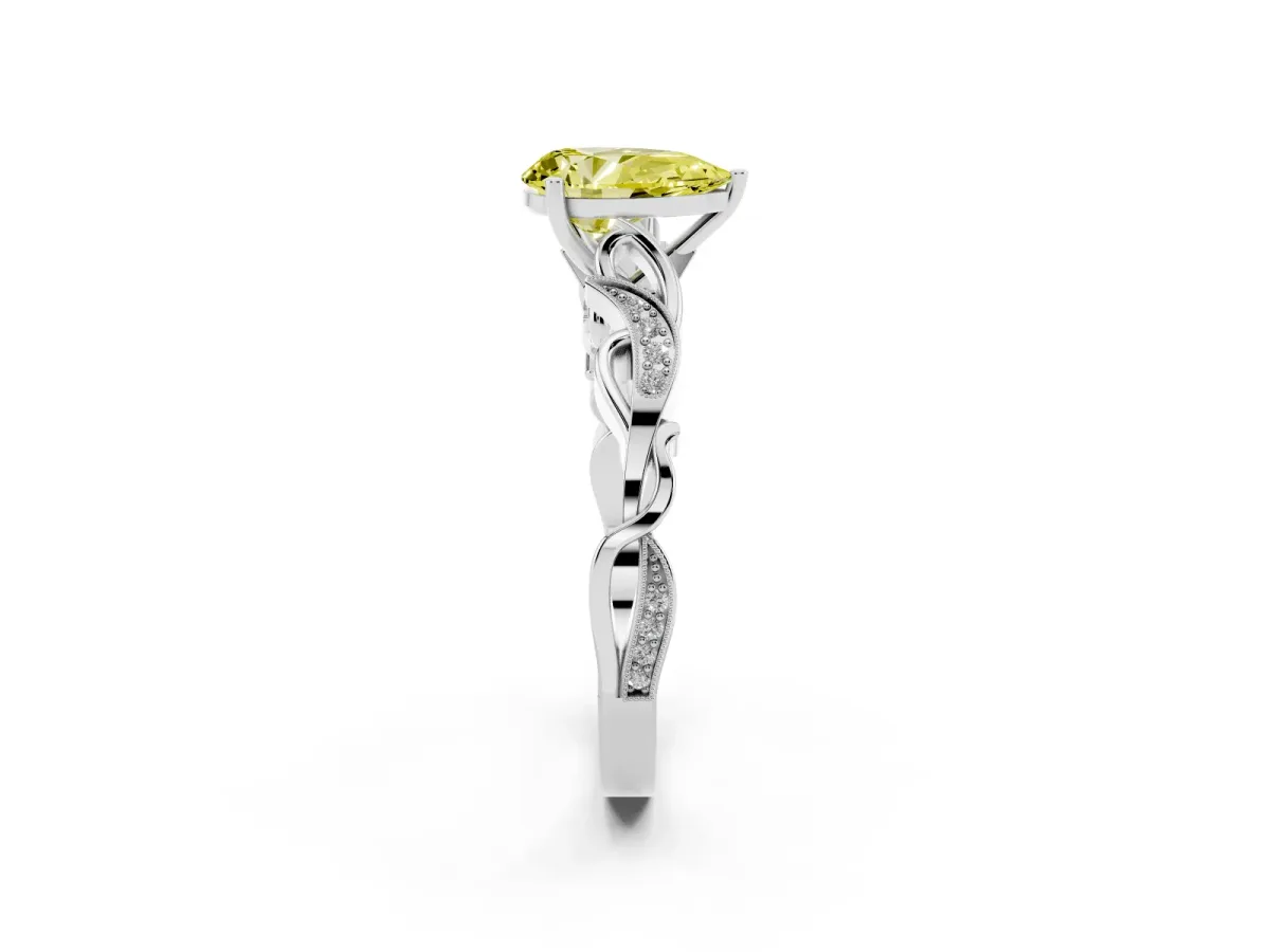 Fancy Yellow Pear Cut Solitaire Vine Band with Milgrain Prong Setting Silver