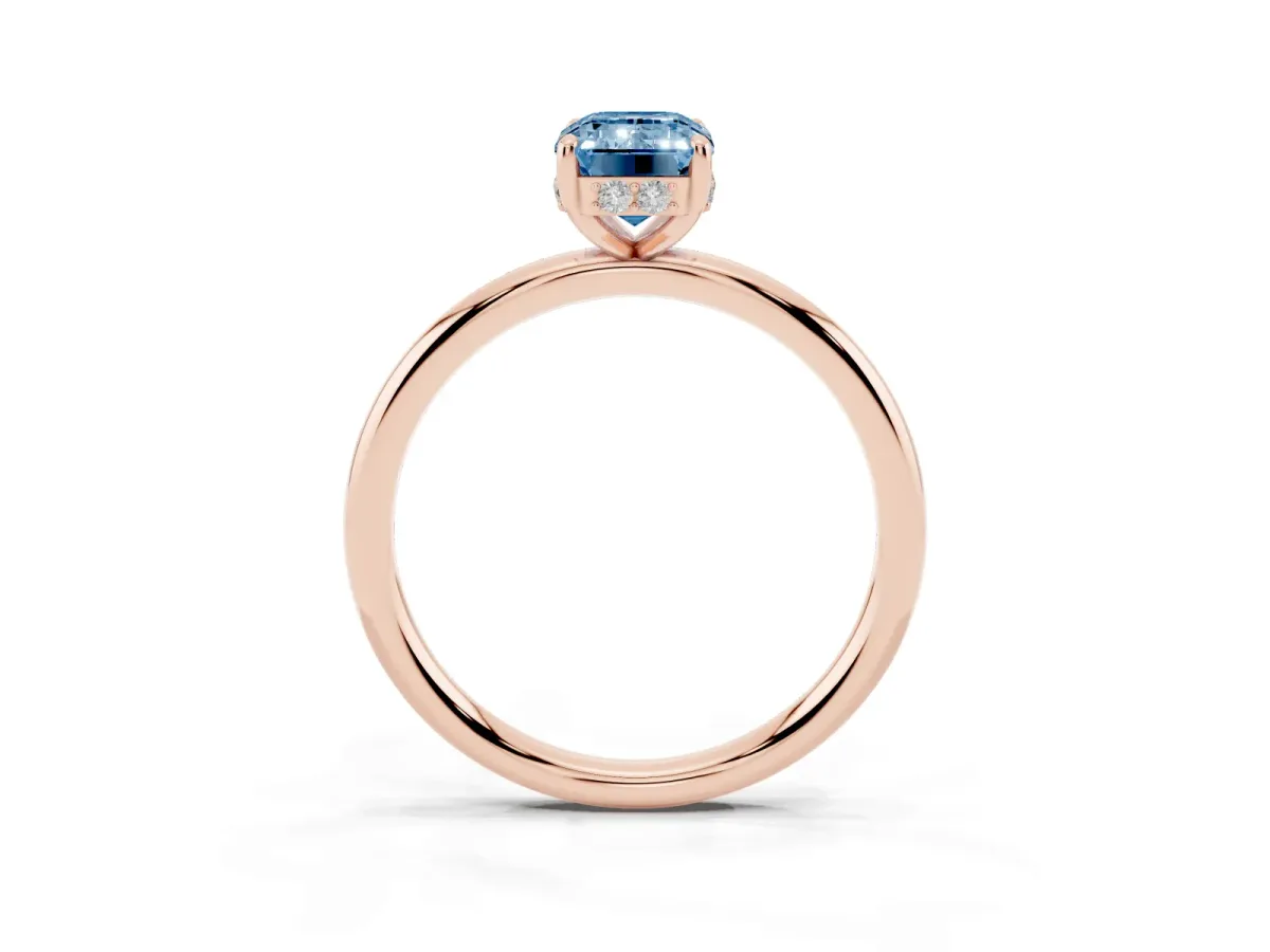 Fancy Blue Emerald Cut Solitaire Diamond Ring with a Classic Band and Four-Prong Setting Rose gold