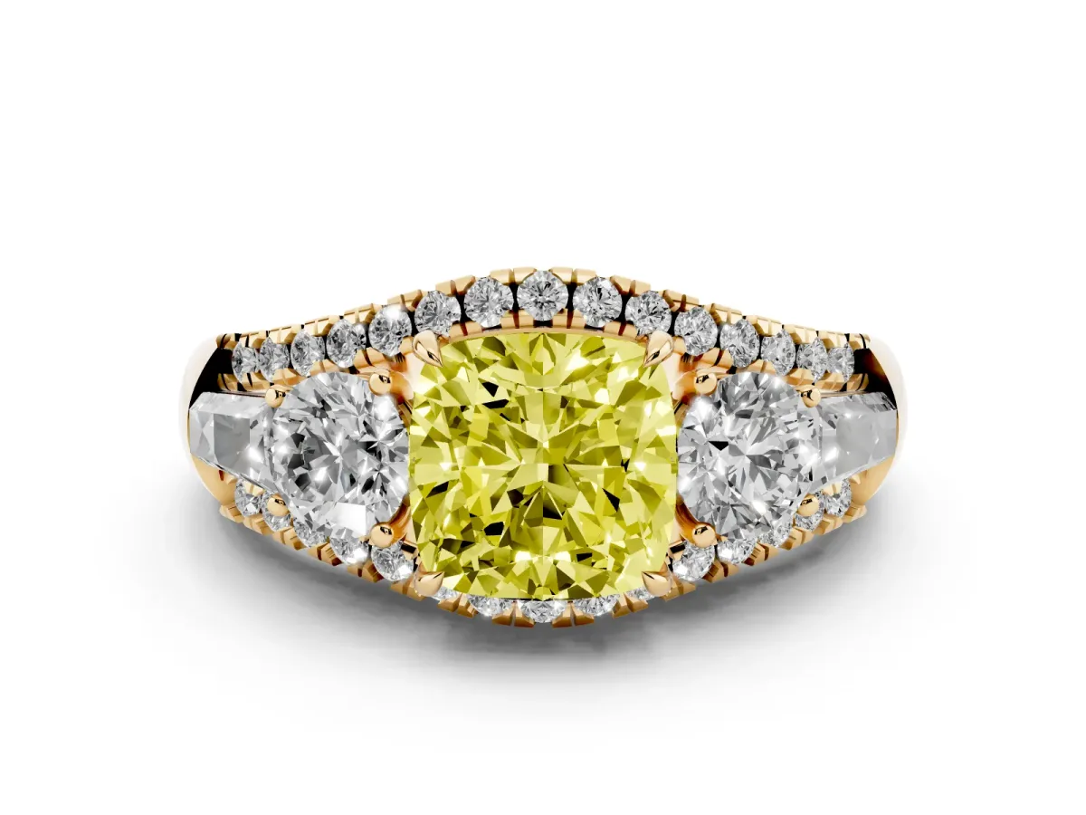 Fancy Yellow Three-Stone Cushion Cut Diamond Engagement Ring with Pave Band and Prong Setting Yellow gold