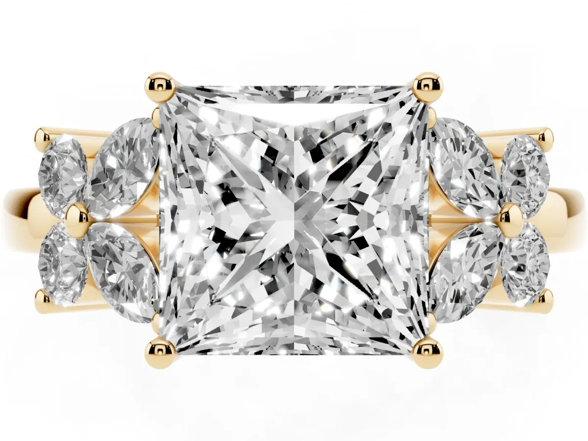 Princess Cut Diamond Floral Cluster Ring with Solitaire Band and Prong Setting Yellow gold