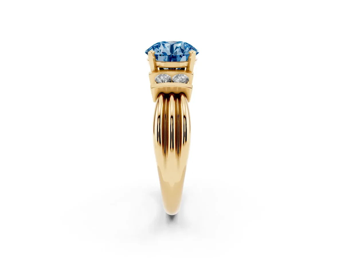Fancy Blue Round Cut Cut Three-Stone Channel Set Ring with Bar Prongs Yellow gold