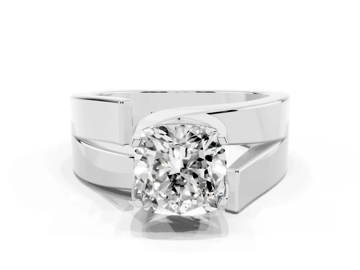 Modern Tension Set Cushion Cut Diamond Solitaire Wide Band Ring Silver