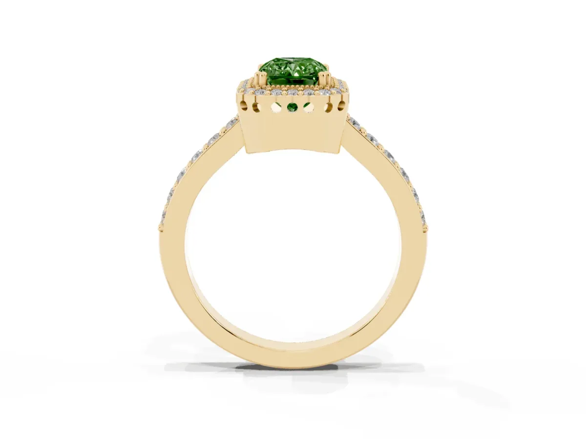 Fancy Green Radiant Cut Cut Diamond Halo Engagement Ring with Milgrain Detail and Pavé Band Yellow gold