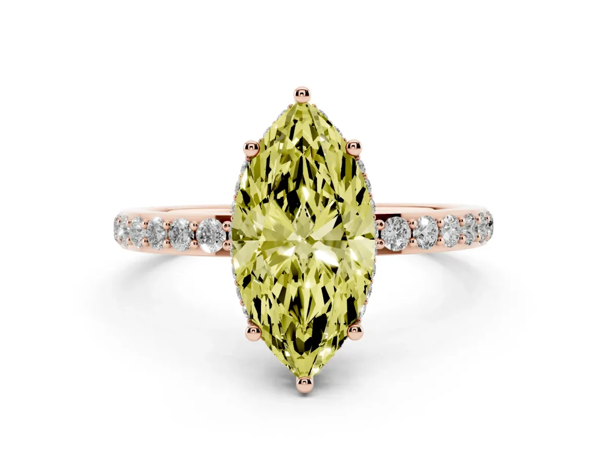 Fancy Yellow Marquise Cut Diamond Solitaire Ring with Pavé Band and Hidden Halo Rose gold