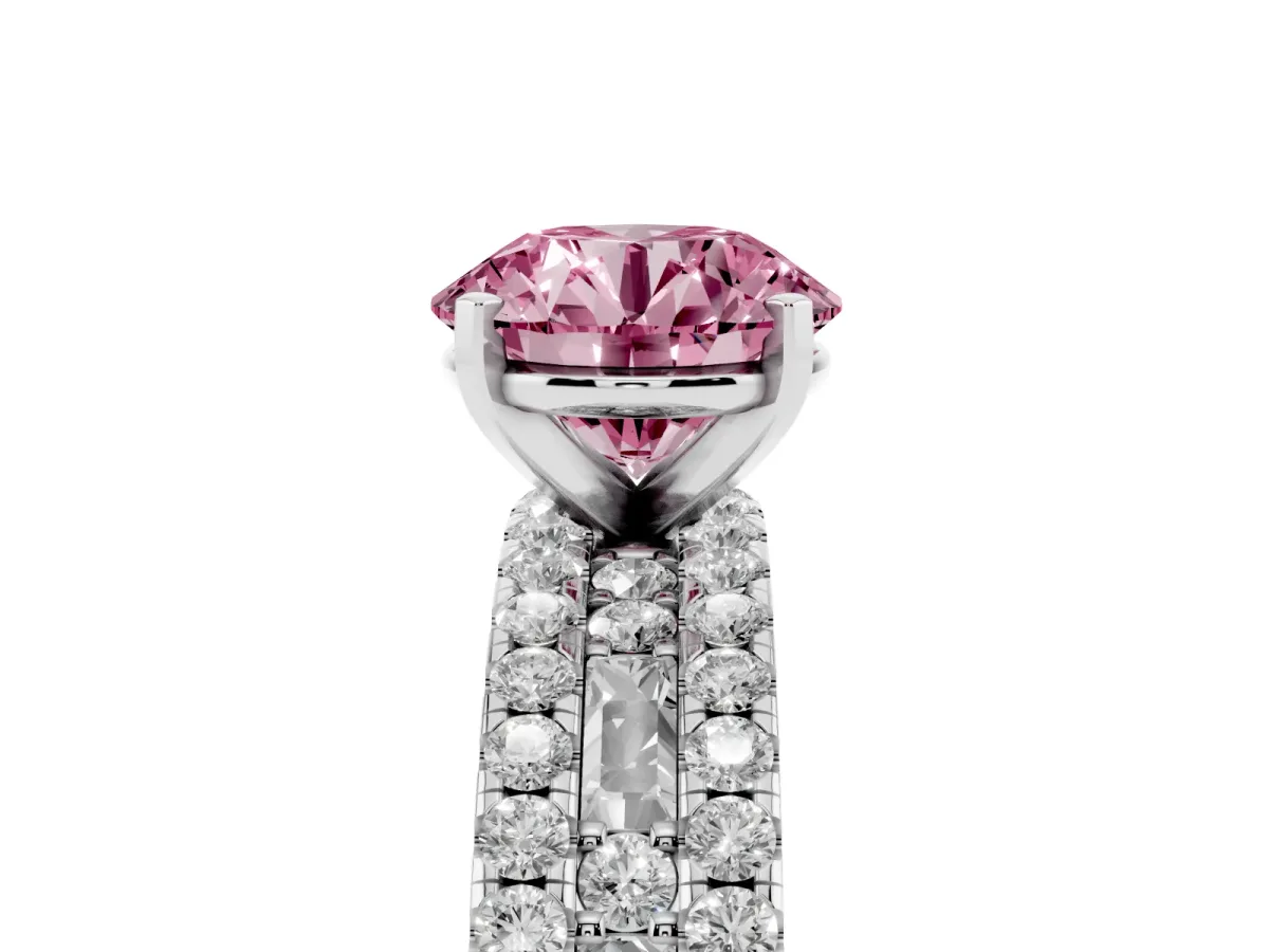 Fancy Pink Round Cut Diamond Solitaire Ring with Pavé and Channel Set Band Silver