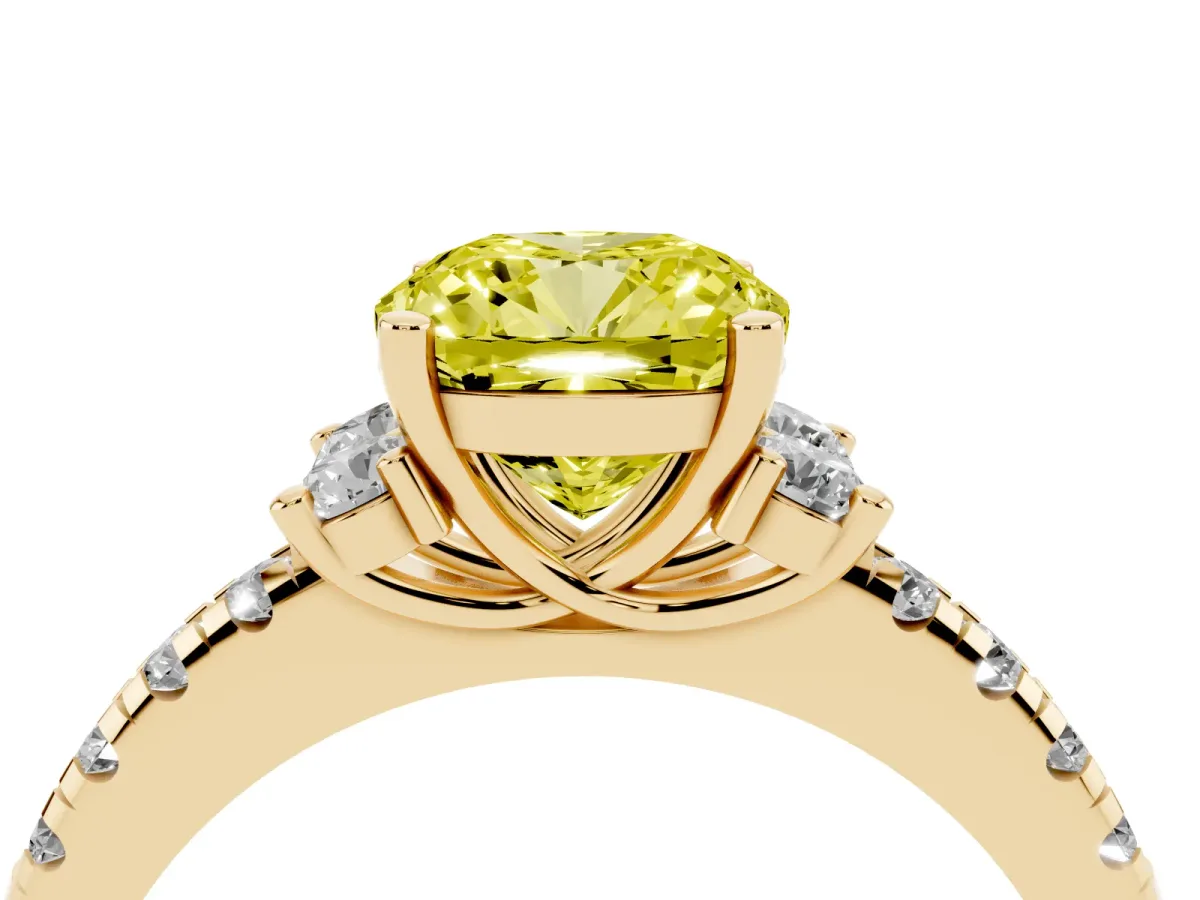 Fancy Yellow Cushion Cut Diamond Three-Stone Pave Band with Four-Prong Setting Yellow gold