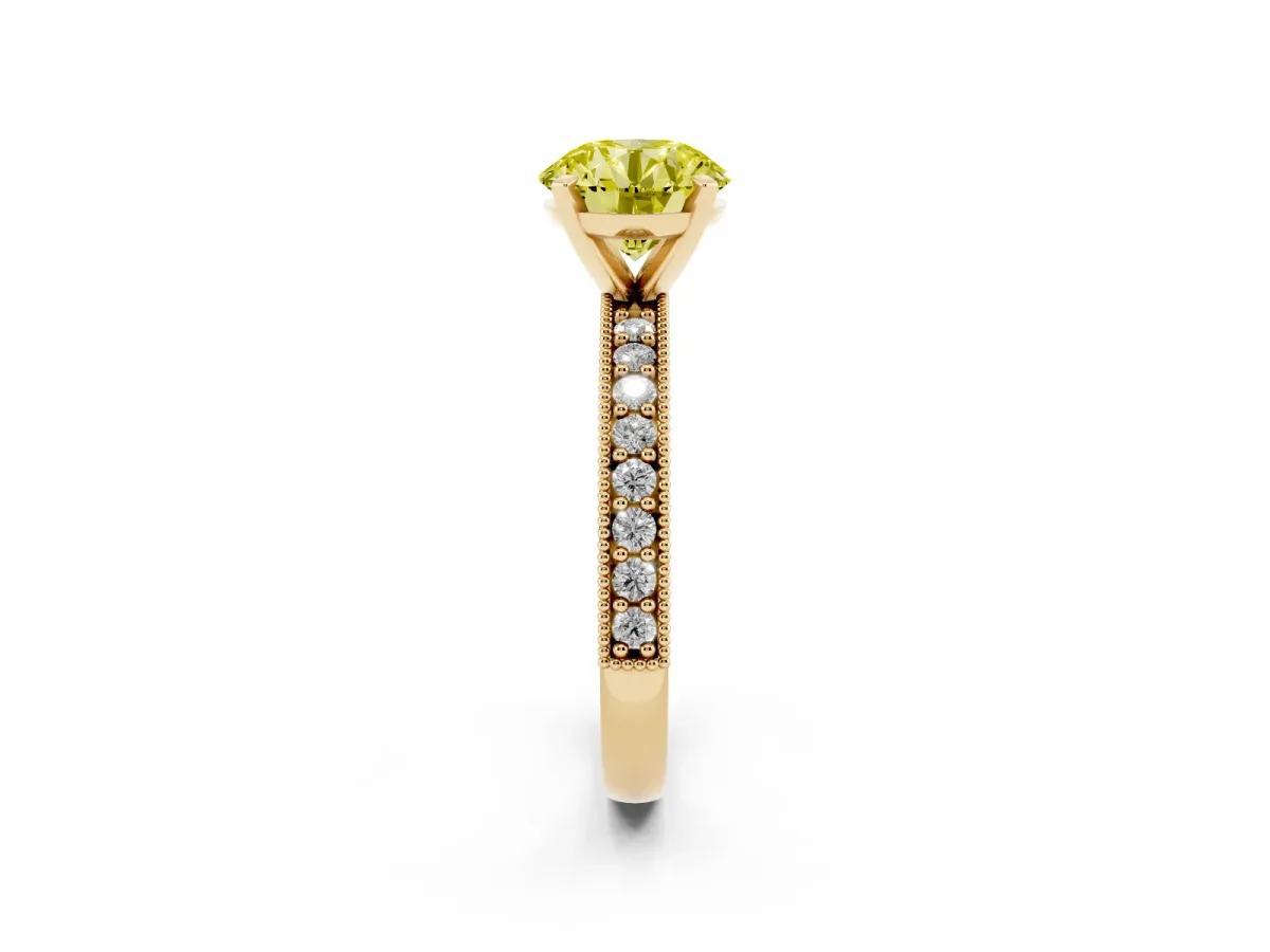 Fancy Yellow Round Cut Diamond Milgrain Pavé Engagement Ring with Four-Prong Setting Yellow gold