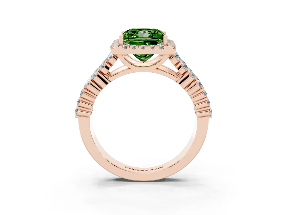 Fancy Green Princess Cut Diamond Halo Engagement Ring with Triple Row Round Pavé Band and Prong Setting Rose gold