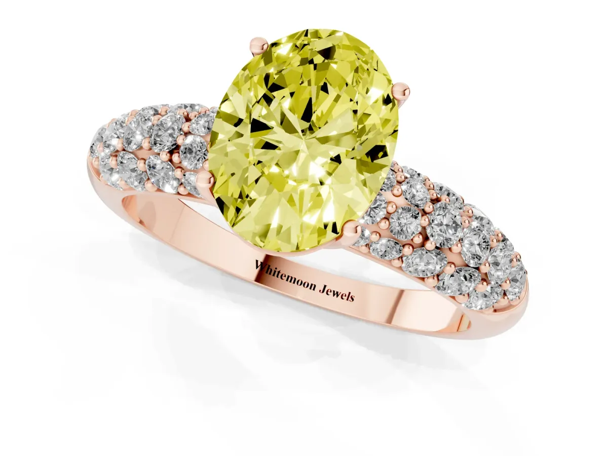 Fancy Yellow Oval Cut Diamond Pavé Band Solitaire Ring with Four-Prong Setting Rose gold